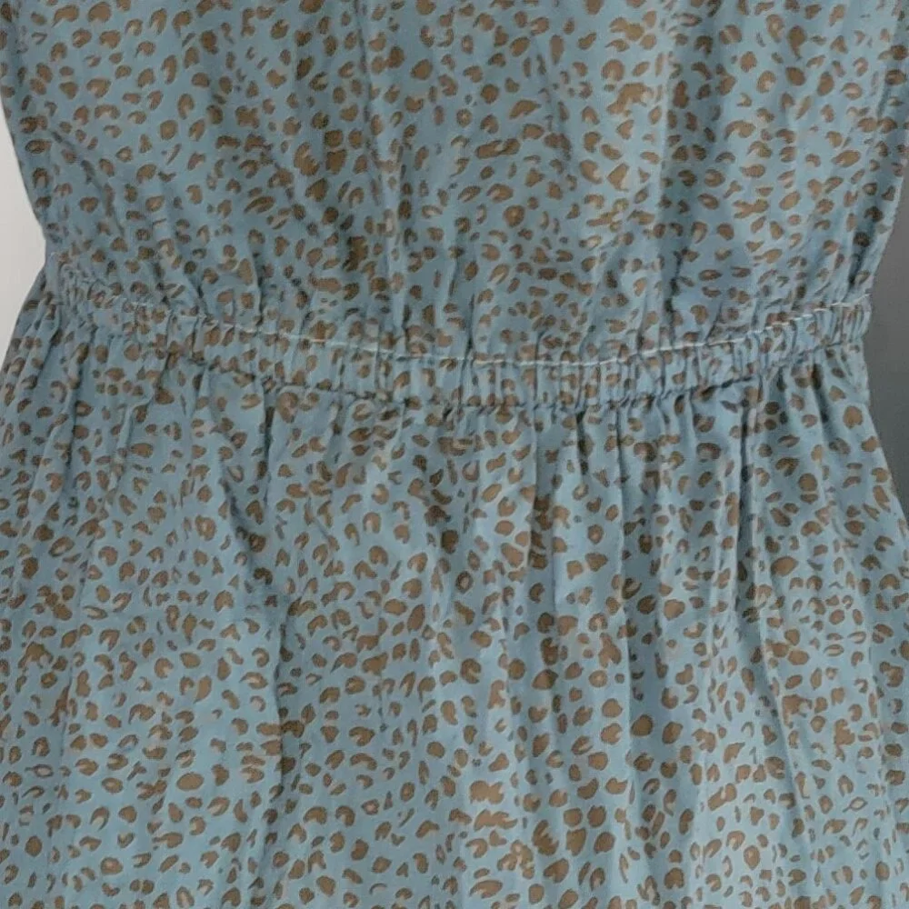 J. Crew Button Up Midi Shirt Dress Blue w Brown Animal Print - Picture 5 of 10
